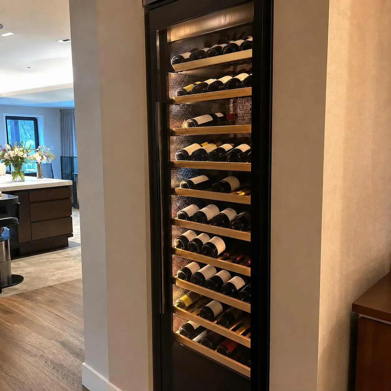 Tall glass-door wine refrigerator column filled with bottles
