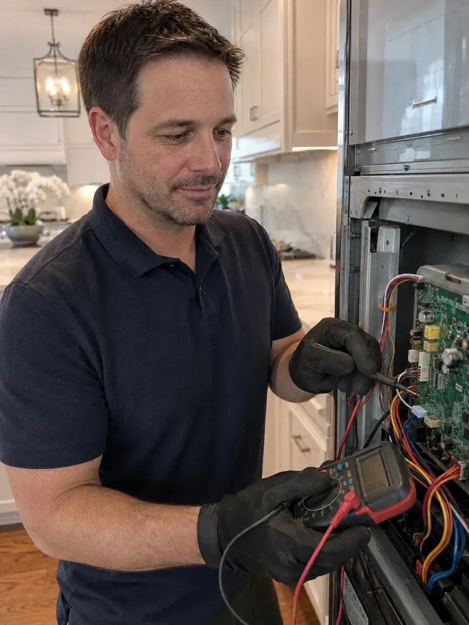 Technician testing an appliance control board with a multimeter